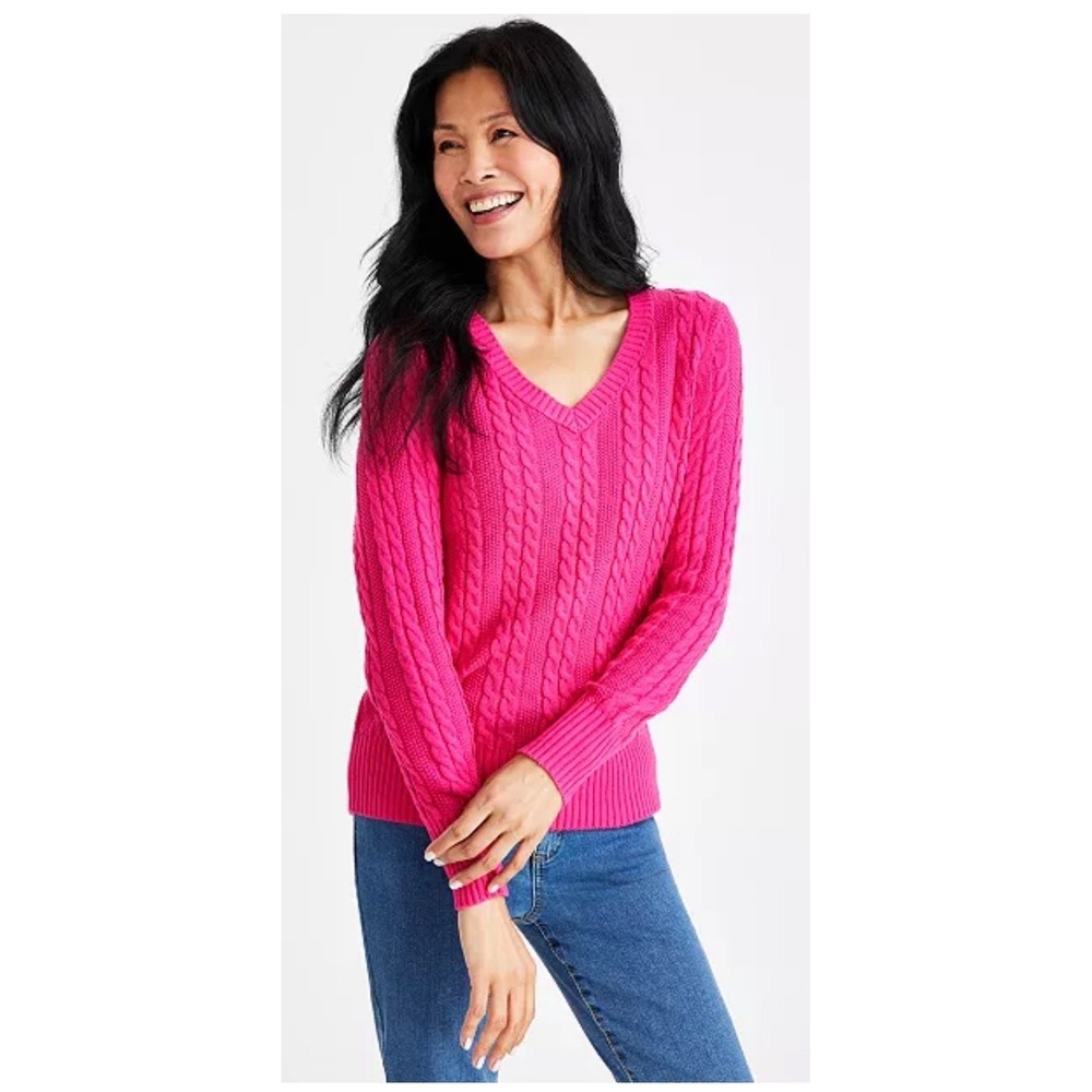 Style & Co Womens Hot Pink Cable Knit V-Neck Sweater XL Long Sleeve